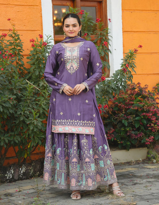 Yash Enterprise Purple Chinon Silk Party Wear Embroidery Suit Set  Grab2Buy Yash Enterprise Grab2Buy