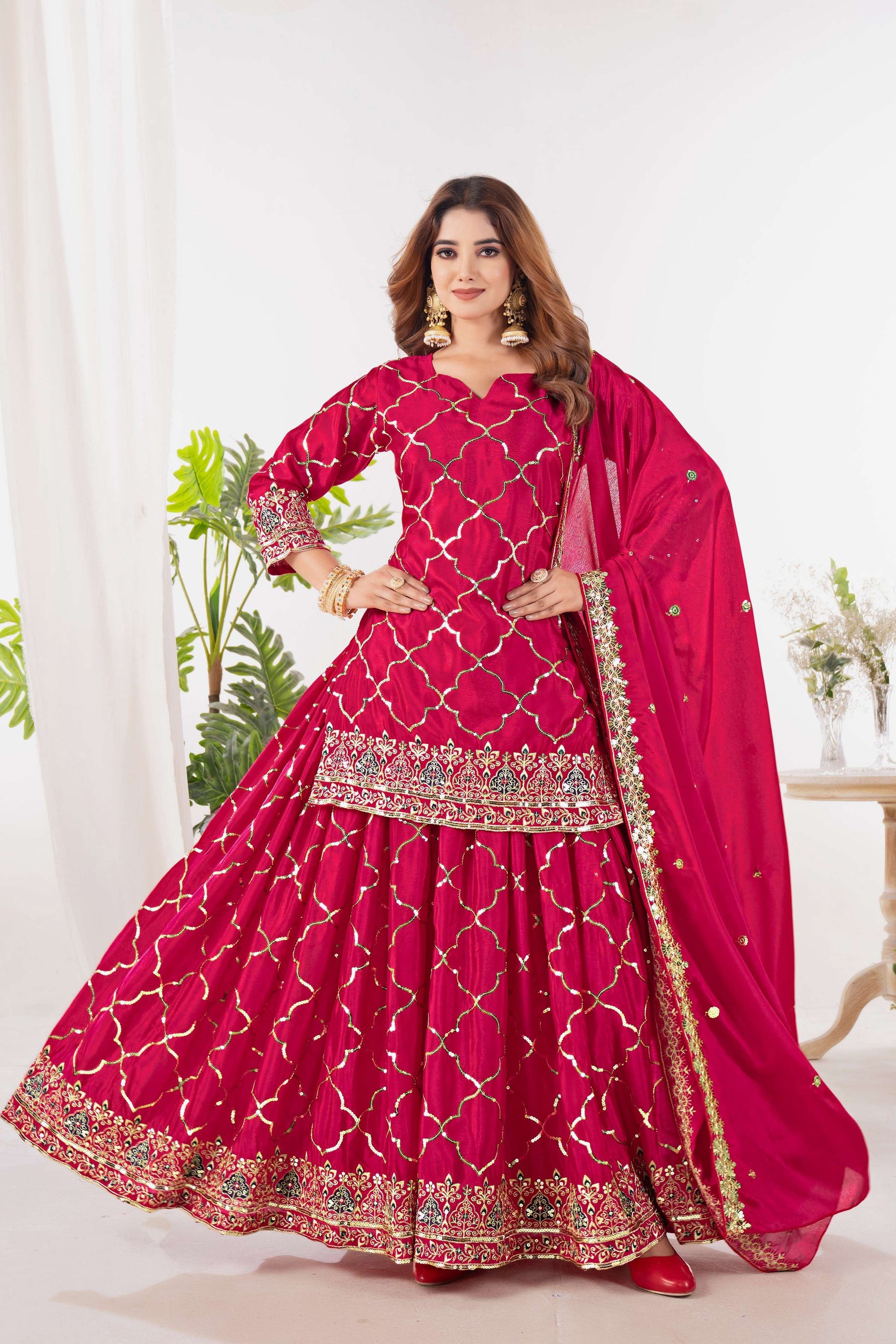 Yash Enterprise Red Chinnon Silk Embroidery Party Wear Suit Set  Grab2Buy Yash Enterprise Grab2Buy