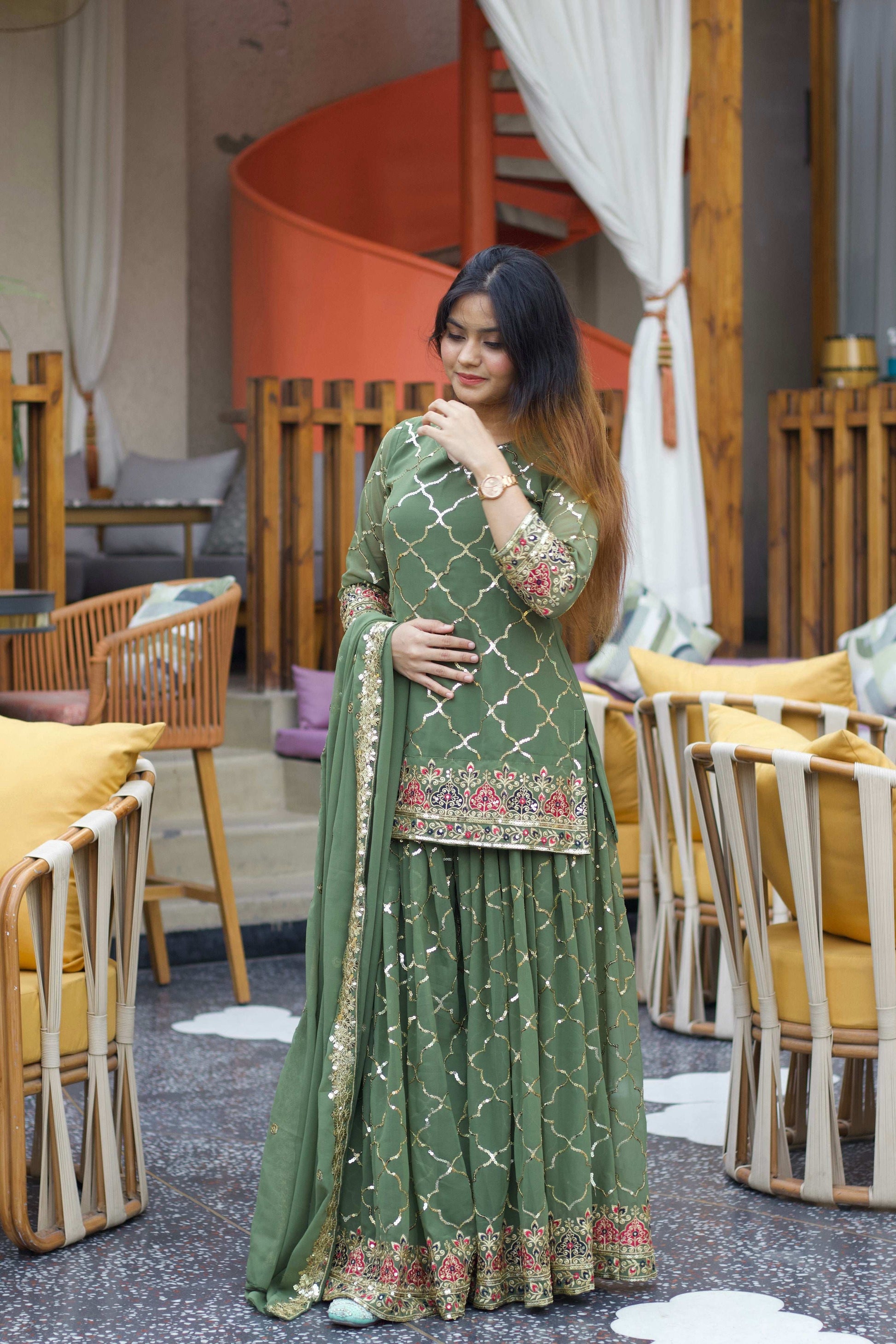 Yash Enterprise Green Georgette Embroidery Party Wear Suit Set  Grab2Buy Yash Enterprise Grab2Buy