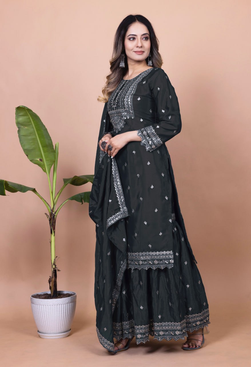 Yash Enterprise Black Chinon Silk Embroidery Party Wear Suit Set  Grab2Buy Yash Enterprise Grab2Buy