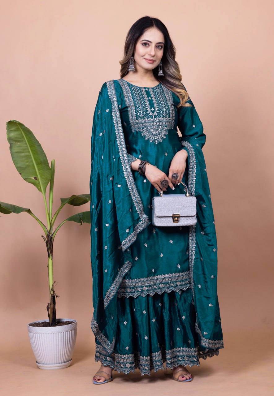 Yash Enterprise Rama Green Chinon Silk Embroidery Party Wear Suit Set  Grab2Buy Yash Enterprise Grab2Buy