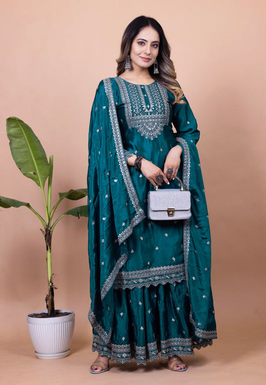 Yash Enterprise Rama Green Chinon Silk Embroidery Party Wear Suit Set  Grab2Buy Yash Enterprise Grab2Buy