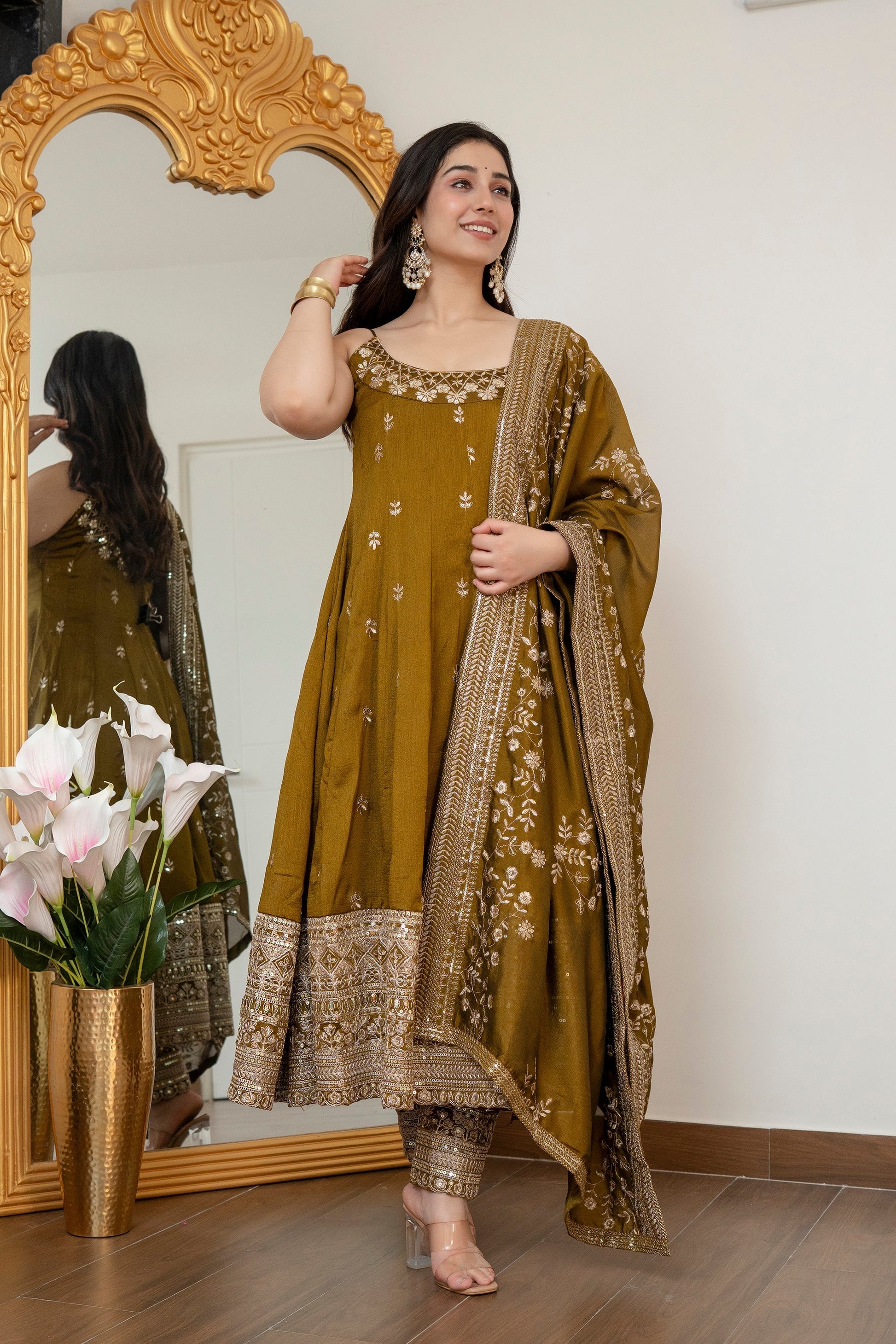 Yash Enterprise Mehndi Vichitra Silk Party Wear Embroidery Suit Set  Grab2Buy Yash Enterprise Grab2Buy