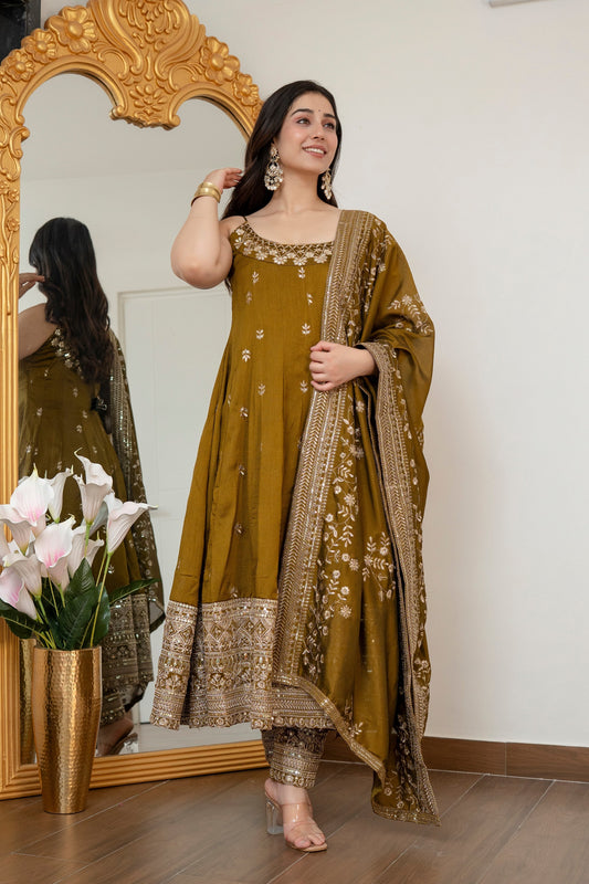 Yash Enterprise Mehndi Vichitra Silk Party Wear Embroidery Suit Set  Grab2Buy Yash Enterprise Grab2Buy