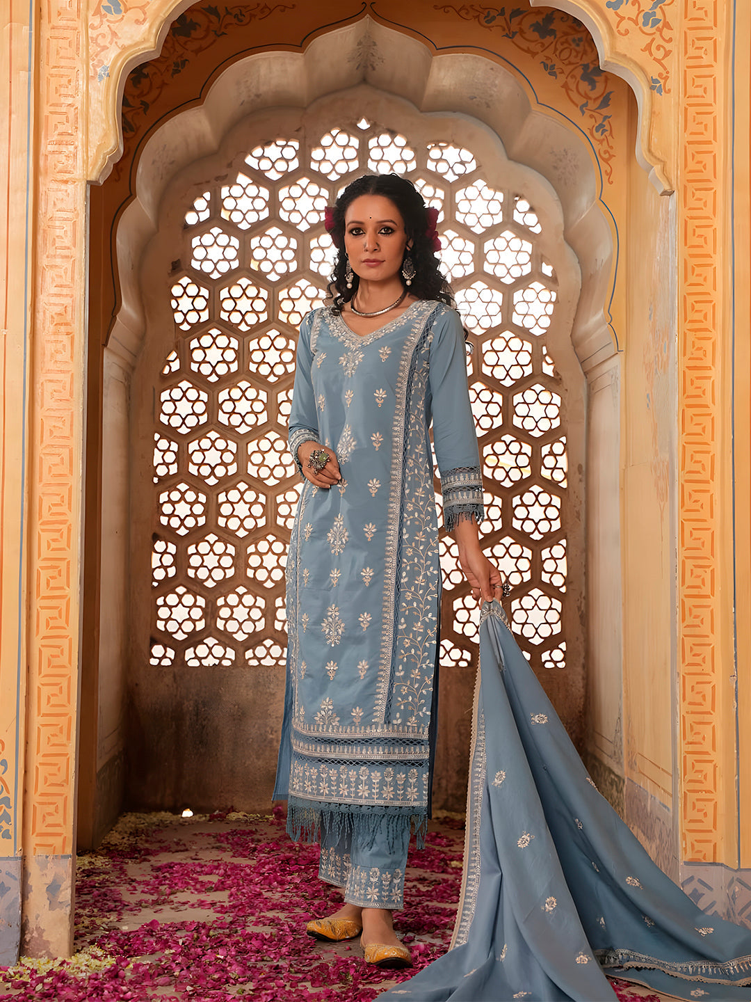 Embroidered & Lace Detailed Kurta With Pant & Embroidered Dupatta Luxury, Multicolor - Hiral Fashion