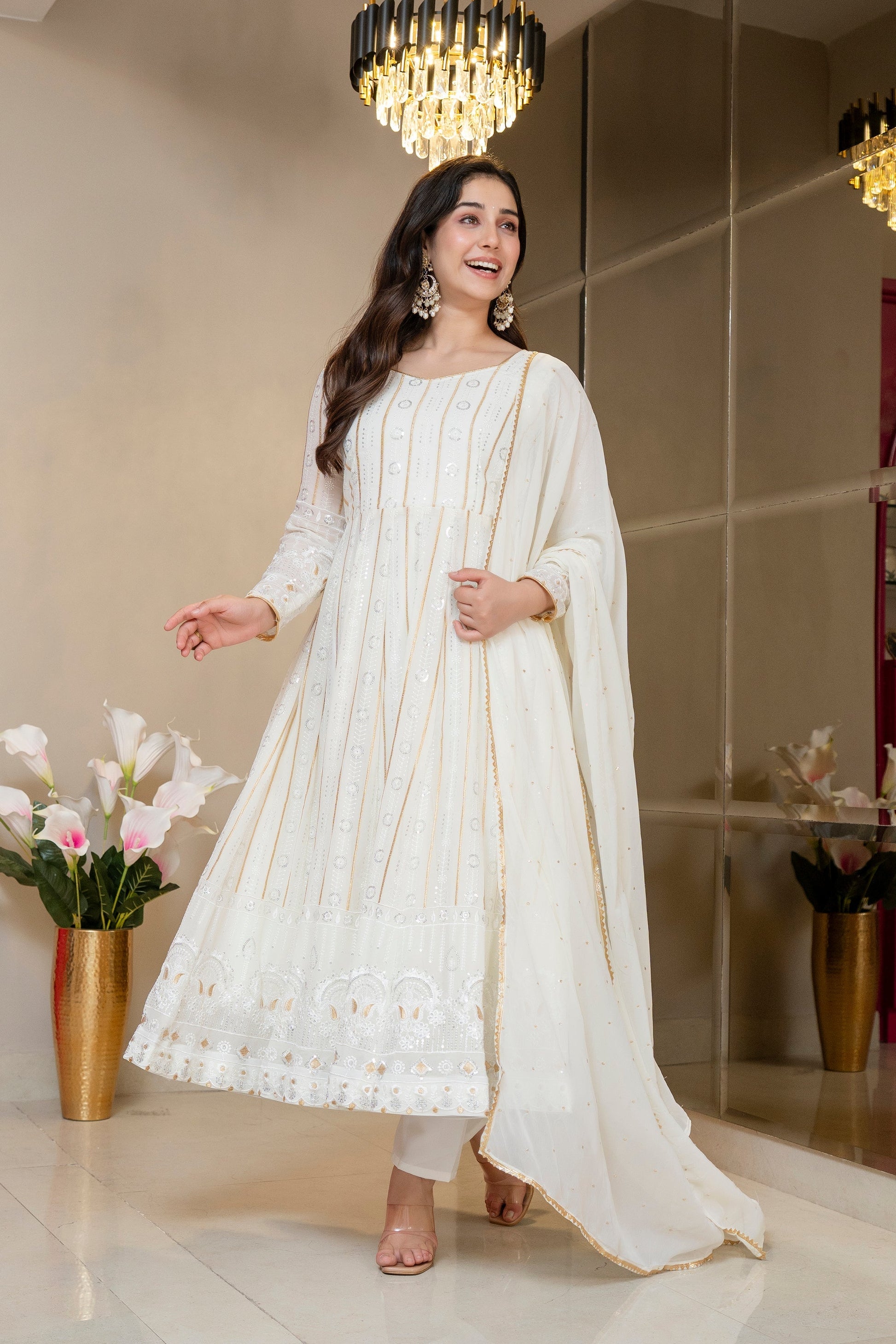 Yash Enterprise Off White Faux Blooming Party Wear Embroidery Suit Set  Grab2Buy Yash Enterprise Grab2Buy