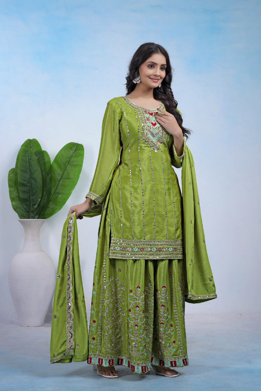 Yash Enterprise Green Chinon Silk Party Wear Embroidery Suit Set  Grab2Buy Yash Enterprise Grab2Buy