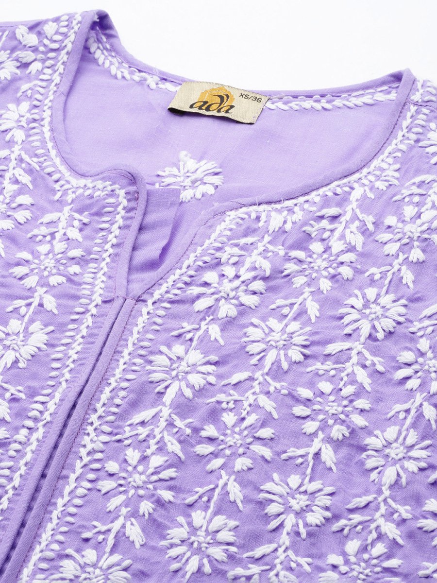 ADA Women Mauve & White Ethnic Motifs Embroidered Chikankari Kurta 