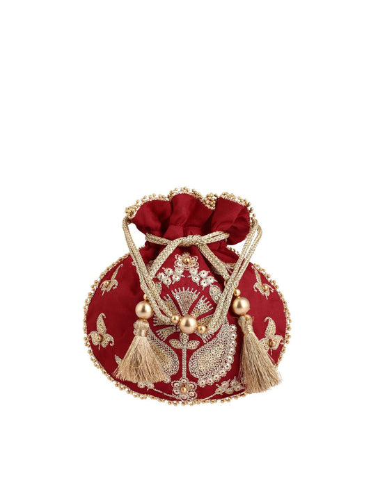 Masq Red & Gold-Toned Embellished Embroidered Potli Clutch - Grab2buy