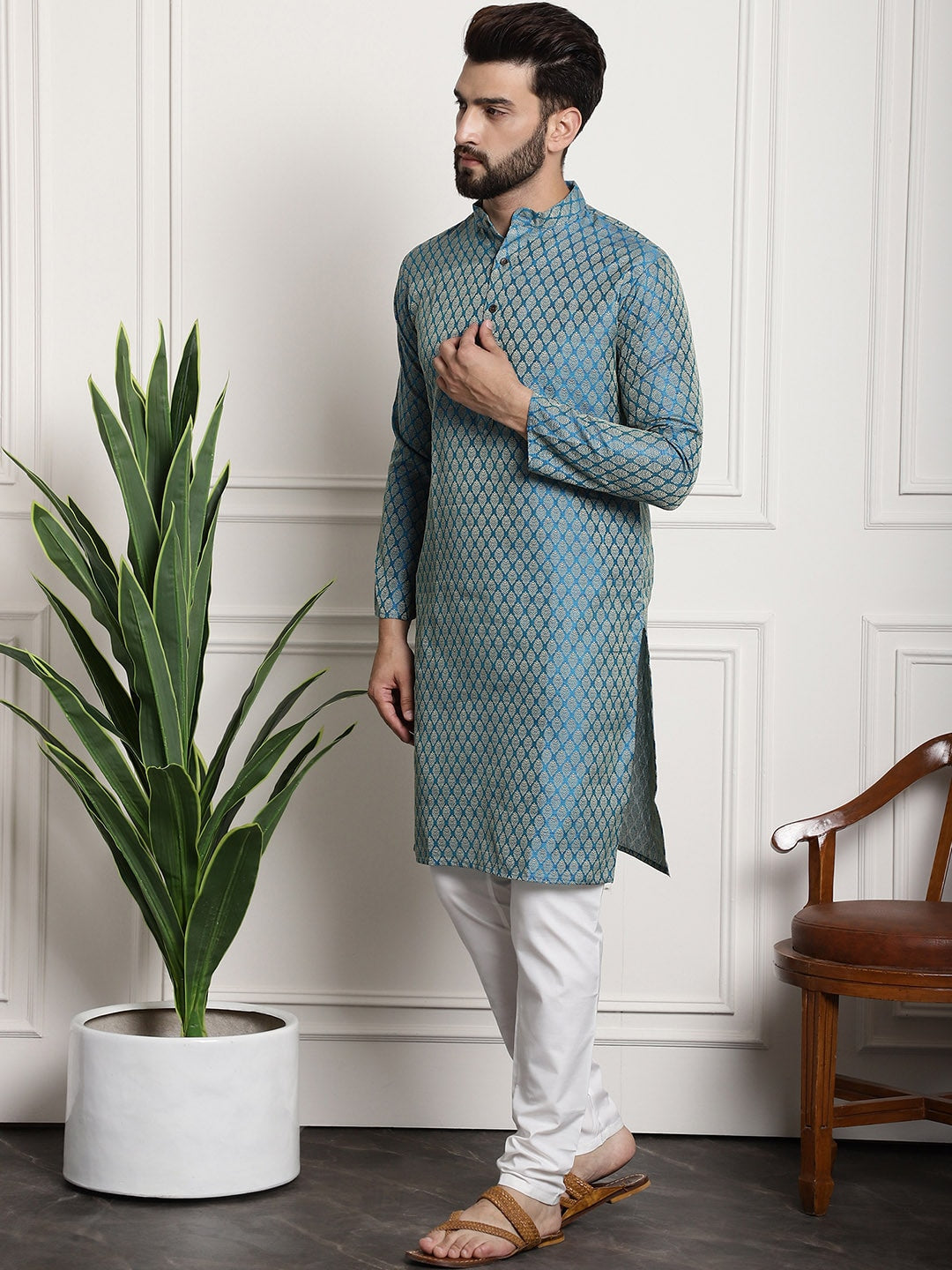 Sojanya Men Blue & Off-White Woven Design Kurta with Churidar 