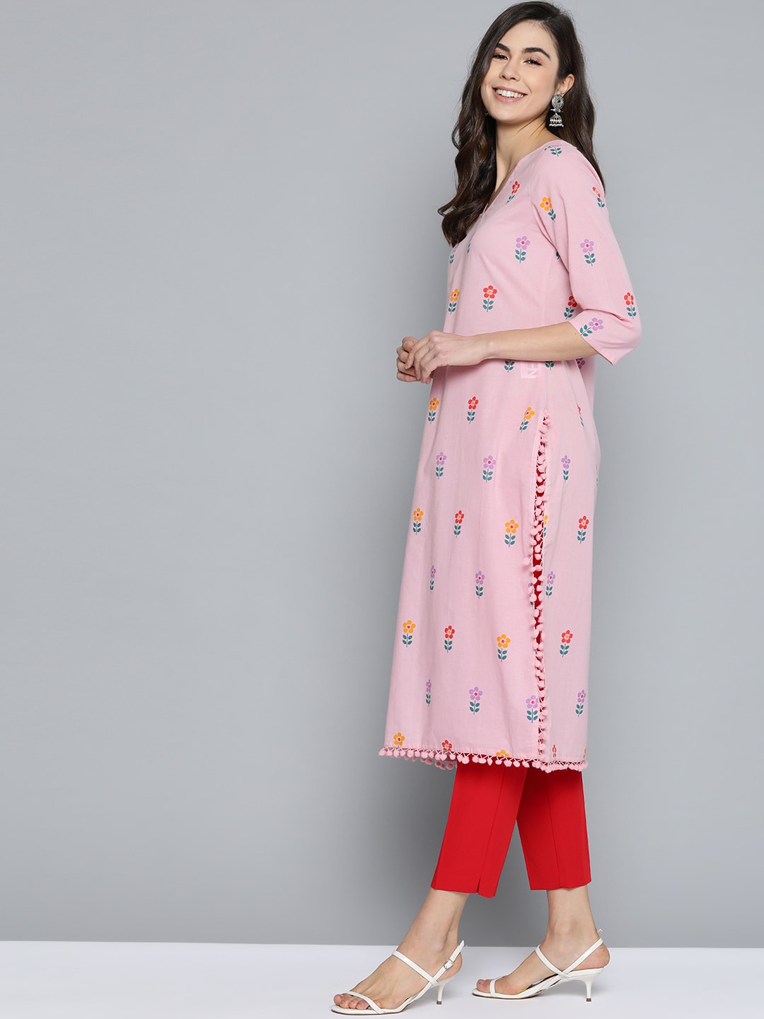 HERE&NOW Women Pink & Purple Floral Print Pure Cotton Straight Kurta
