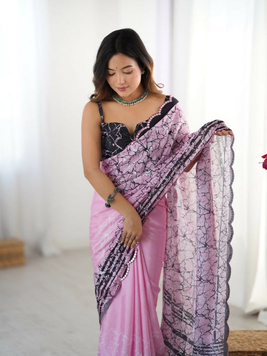 Pink Chinon Designer Digital Printed,Mirror Cut Work Saree - Sohni