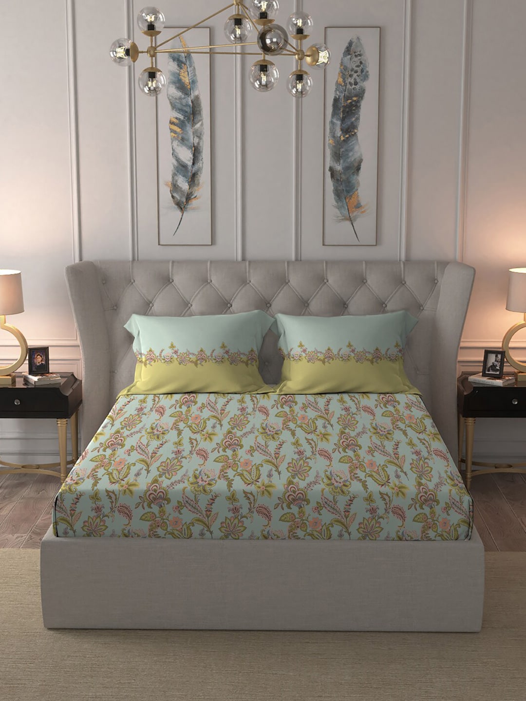 MYTRIDENT Blue White Floral Pure Cotton 144 TC Queen Bedsheet With 2 Pillow Covers 
