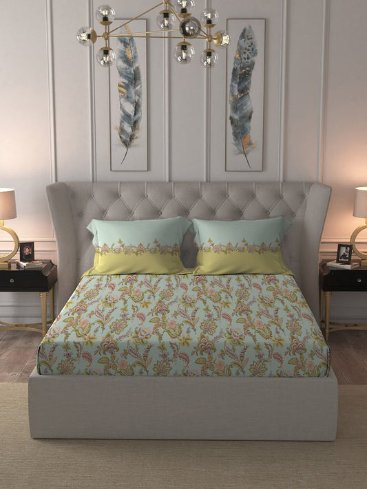 MYTRIDENT Blue White Floral Pure Cotton 144 TC Queen Bedsheet With 2 Pillow Covers 