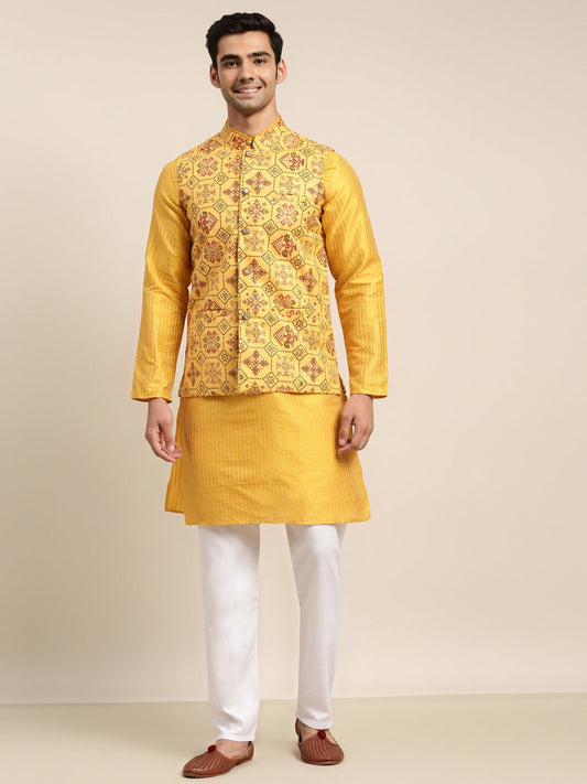 Sojanya Men Mustard Yellow Kurta with Churidar & Nehru Jacket 