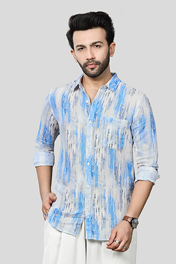 Xkind Skyblue Linen Printed Slim Fit Shirt  Grab2Buy Xkind Grab2Buy