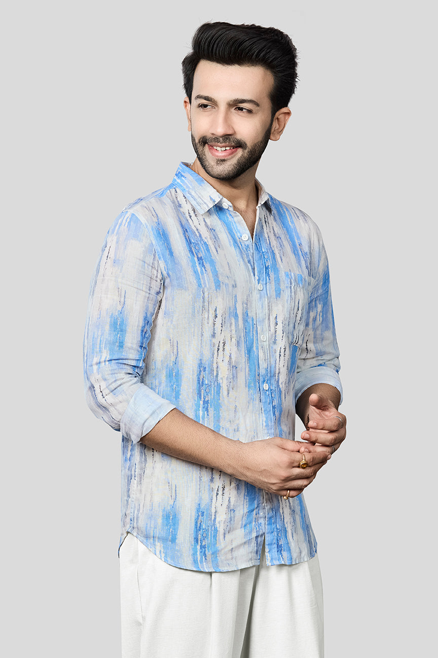 Xkind Skyblue Linen Printed Slim Fit Shirt  Grab2Buy Xkind Grab2Buy