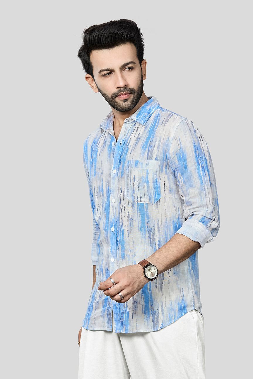 Xkind Skyblue Linen Printed Slim Fit Shirt  Grab2Buy Xkind Grab2Buy