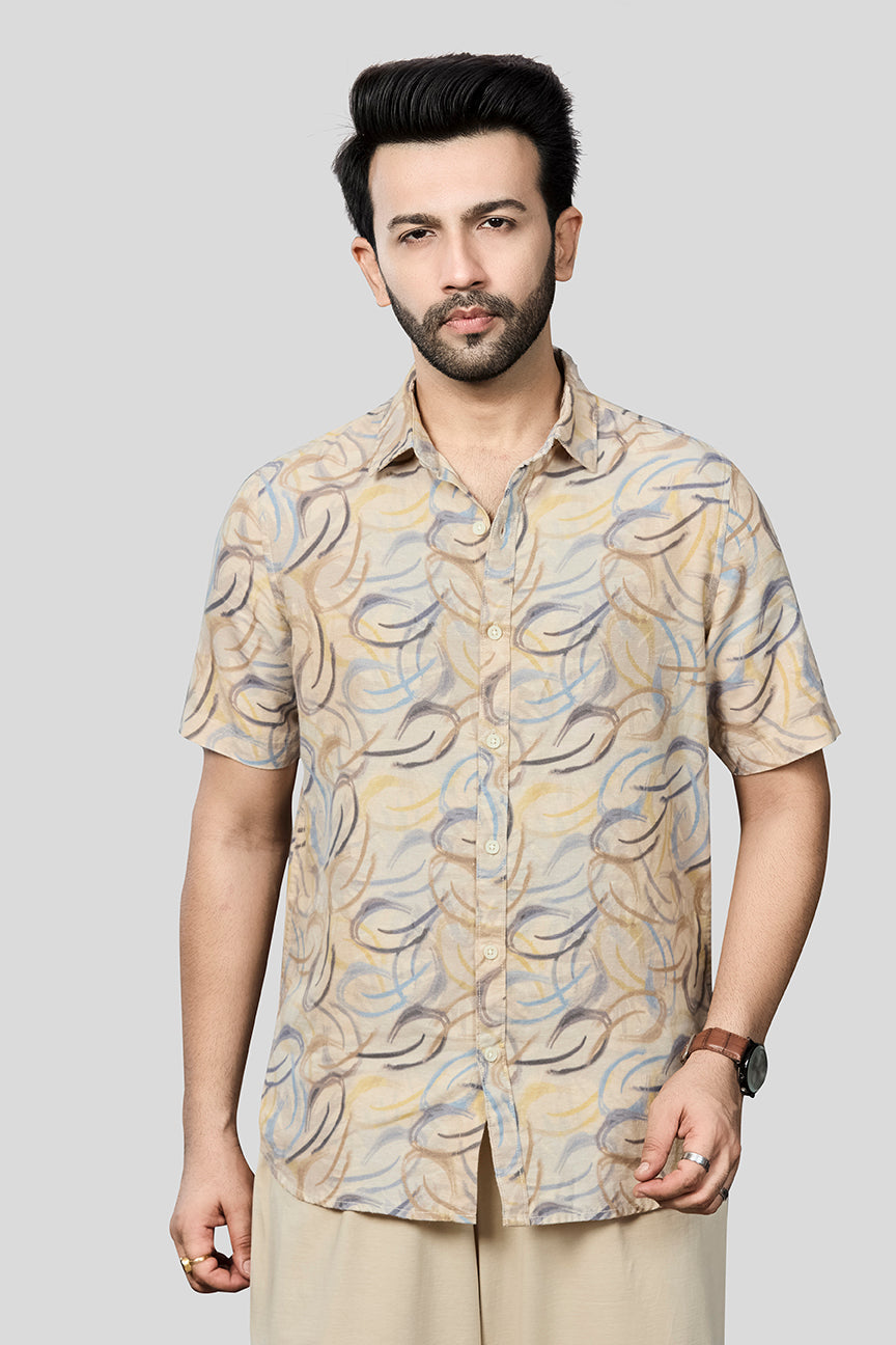 Xkind Beige Linen Printed Regular Fit Shirt  Grab2Buy Xkind Grab2Buy