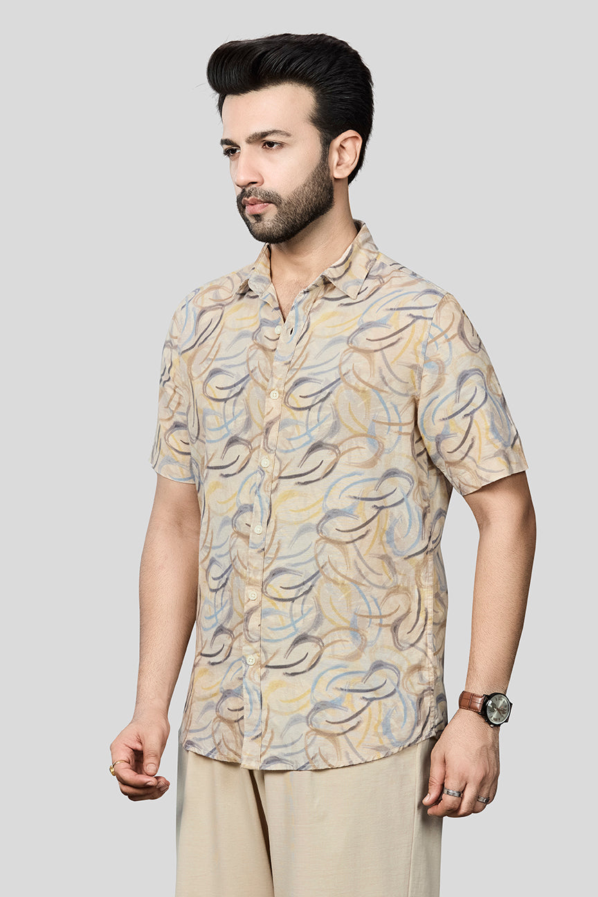 Xkind Beige Linen Printed Regular Fit Shirt  Grab2Buy Xkind Grab2Buy