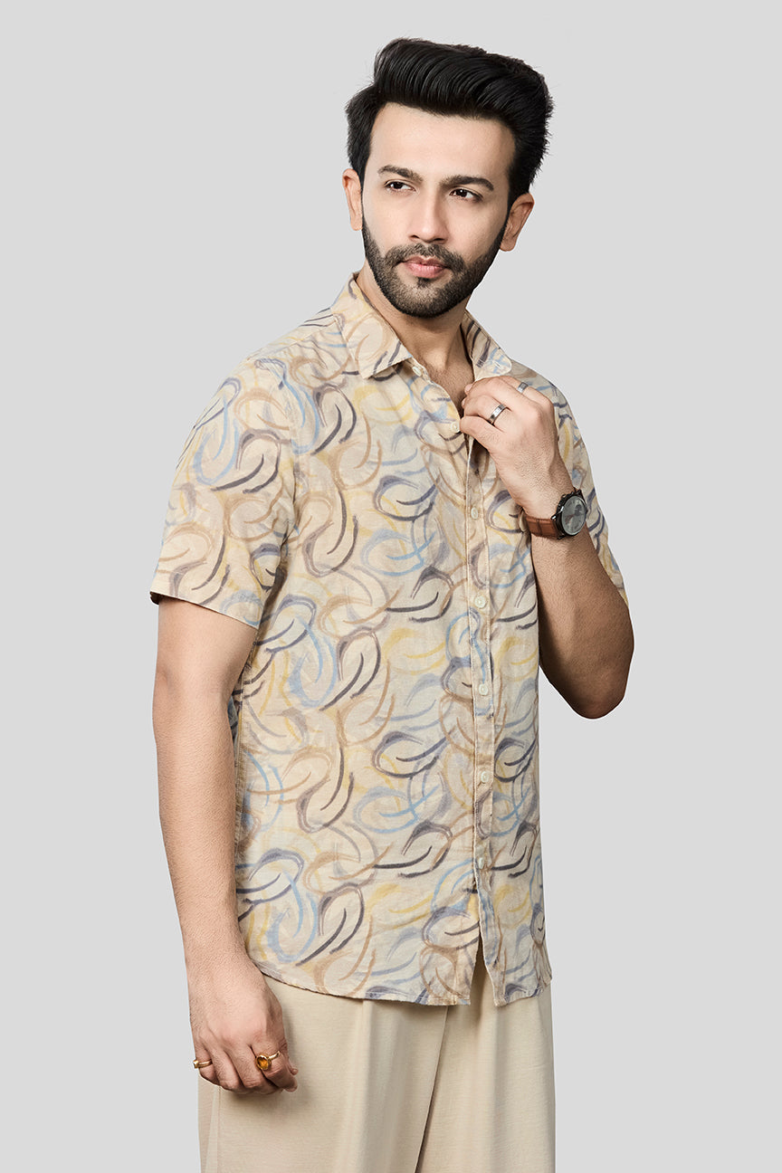 Xkind Beige Linen Printed Regular Fit Shirt  Grab2Buy Xkind Grab2Buy
