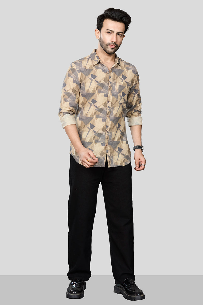 Xkind Beige Linen Printed Shirt  Grab2Buy Xkind Grab2Buy