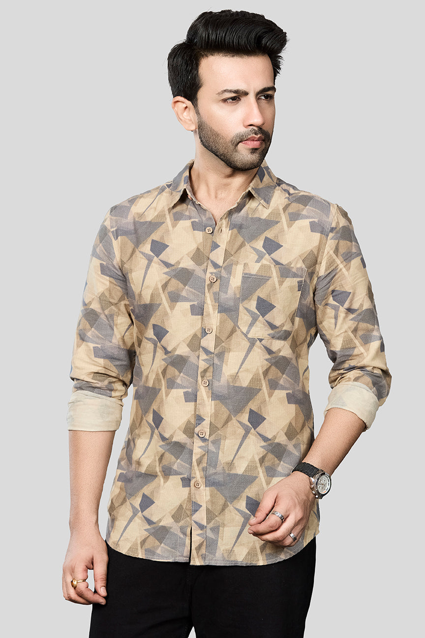 Xkind Beige Linen Printed Shirt  Grab2Buy Xkind Grab2Buy