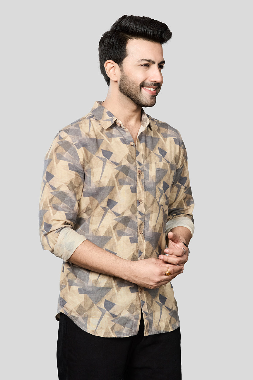 Xkind Beige Linen Printed Shirt  Grab2Buy Xkind Grab2Buy