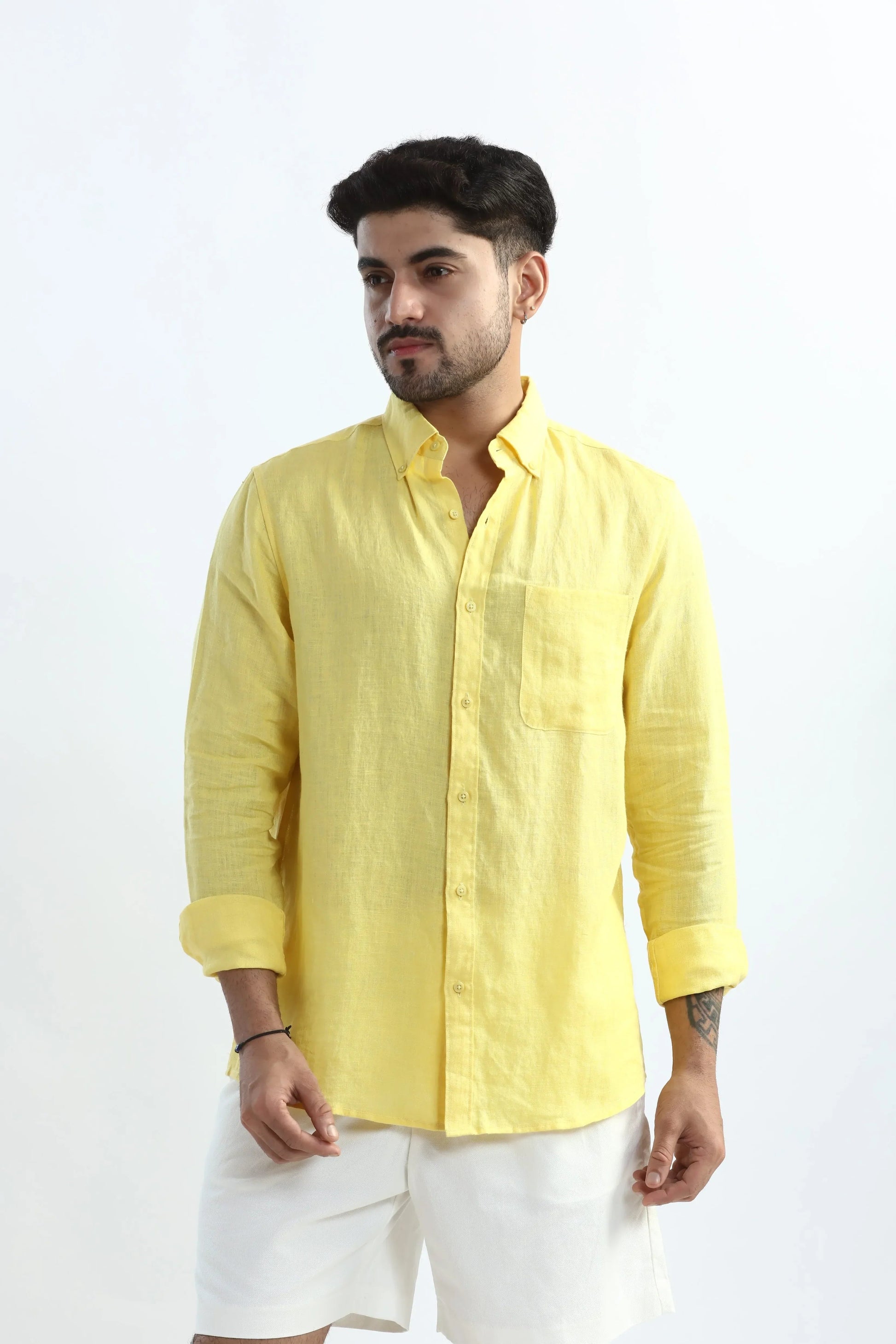Xkind 100% Pure Linen Buttercup Yellow Button Down Casual Shirt  Grab2Buy Xkind Grab2Buy