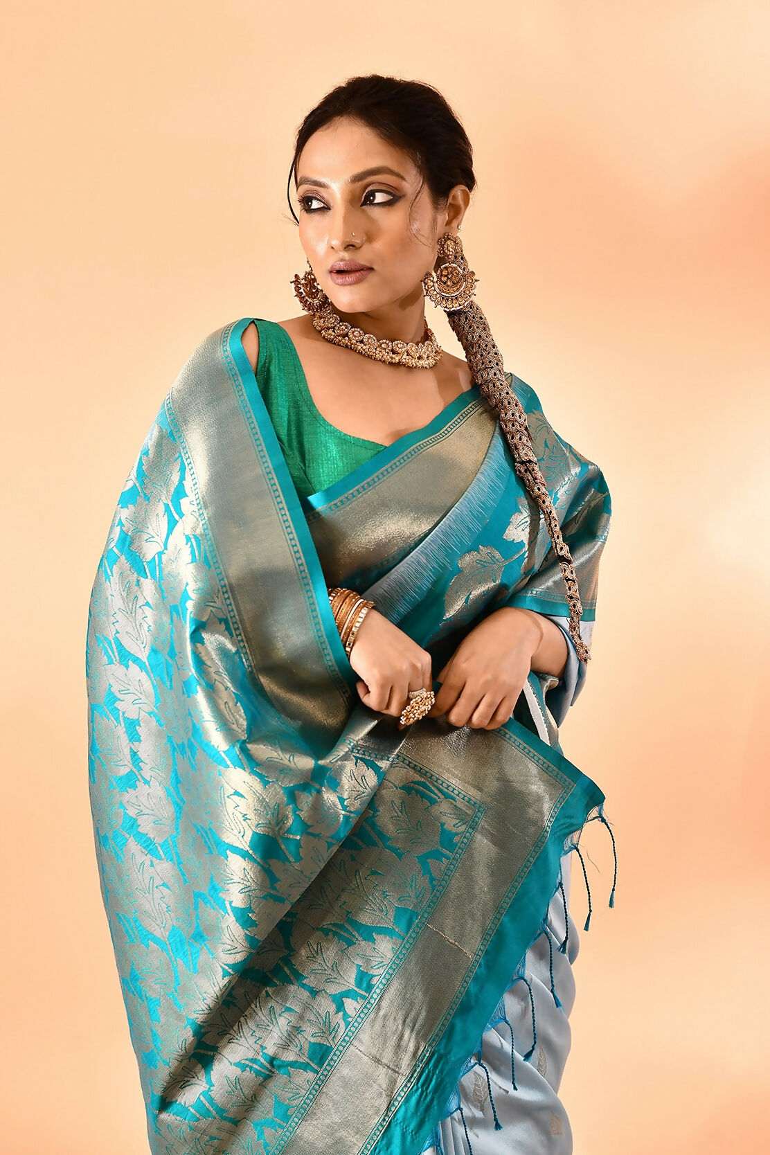 Joban Fashion Sky Blue & Rama Plain With Weaving Border Banarasi Silk Sarees 