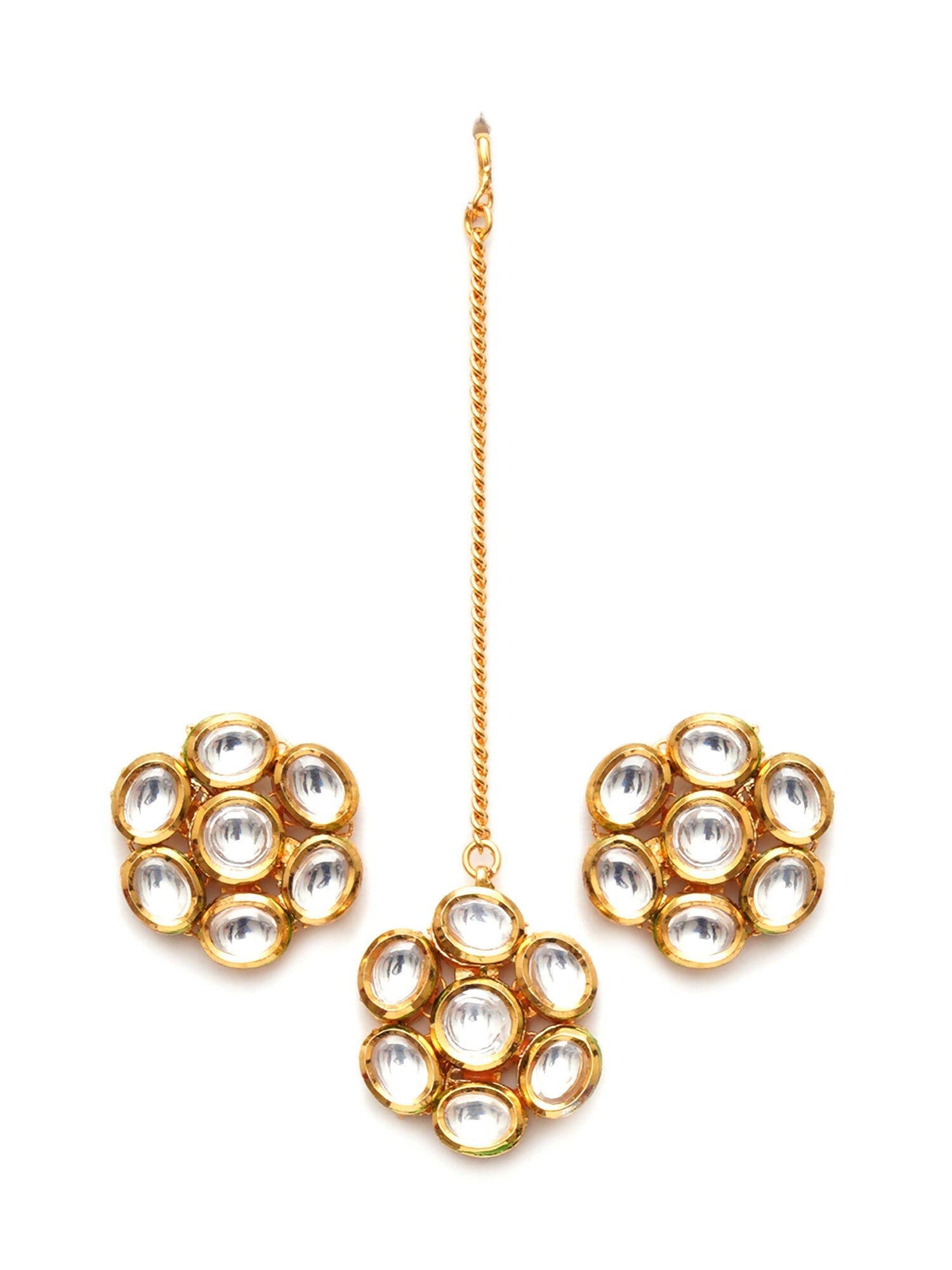 Kundan Round Maang Tikka with Studs Jewellery Set (Gold) - Ruby Raang - Grab2buy