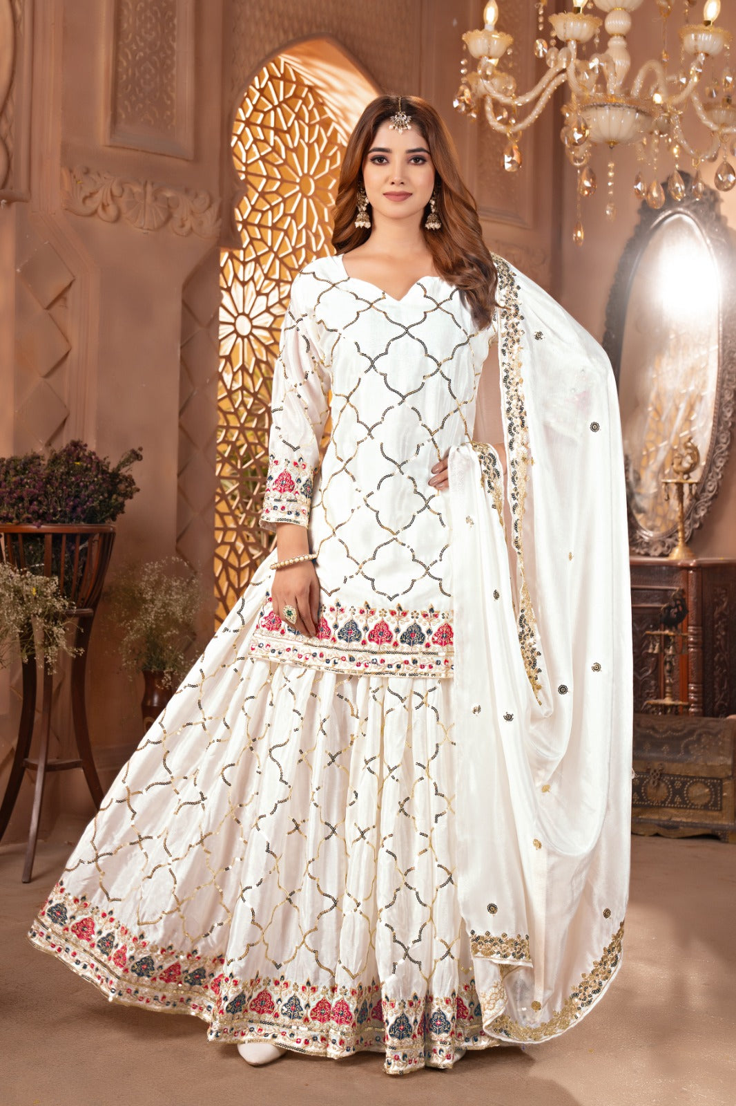 Yash Enterprise White Chinon Silk Embroidery Party Wear Suit Set  Grab2Buy Yash Enterprise Grab2Buy