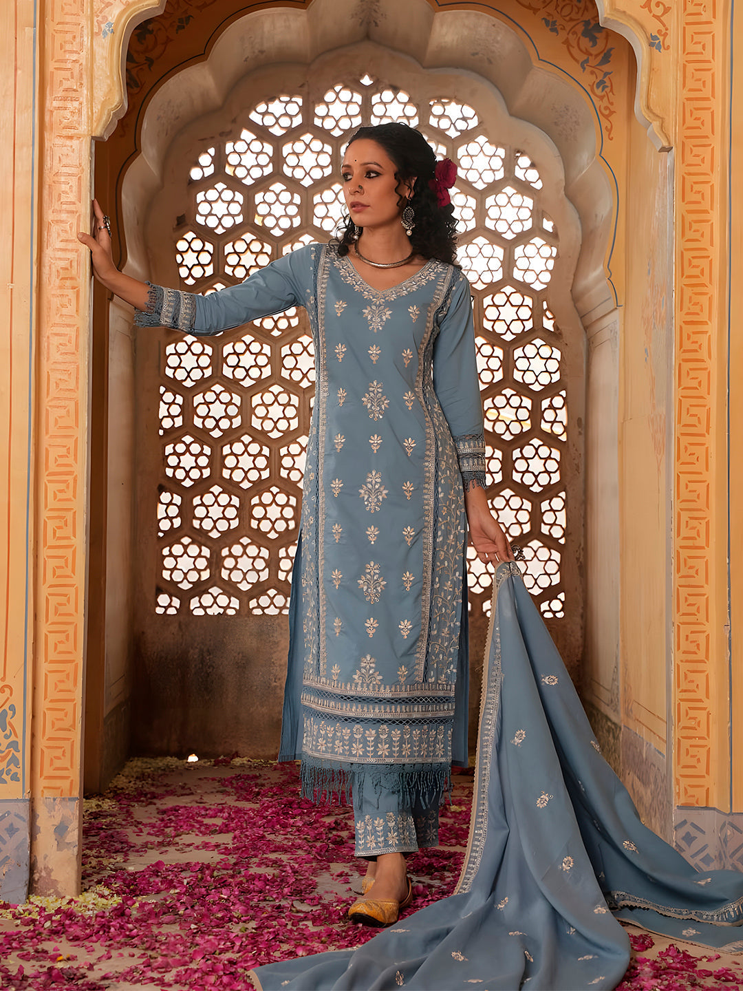 Embroidered & Lace Detailed Kurta With Pant & Embroidered Dupatta Luxury, Multicolor - Hiral Fashion