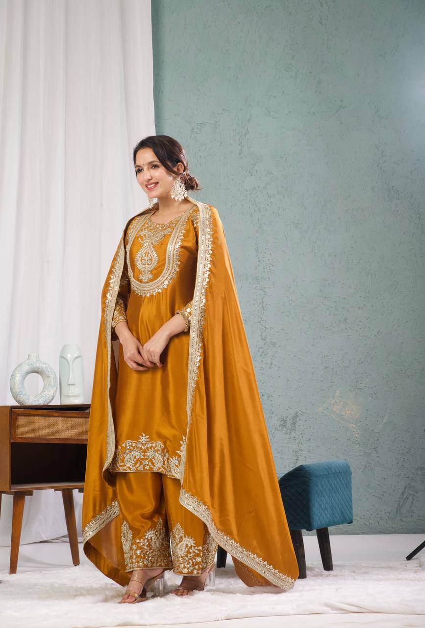 Yash Enterprise Gold Chinnon Silk Embroidery Party Wear Suit Set  Grab2Buy Yash Enterprise Grab2Buy