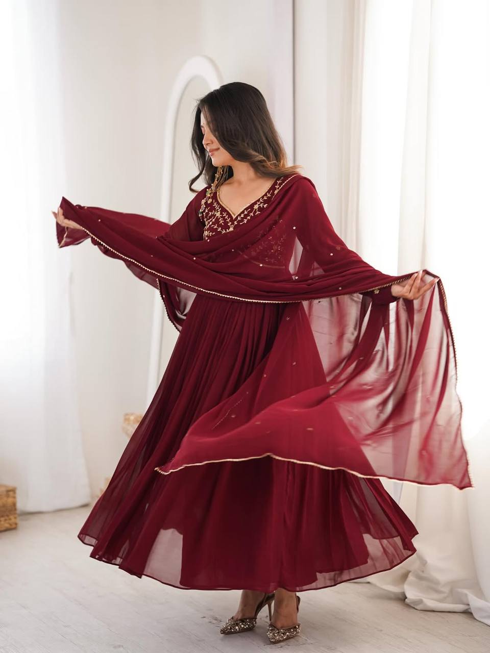 Yash Enterprise Maroon Faux Georgette Party Wear Embroidery Suit Set  Grab2Buy Yash Enterprise Grab2Buy
