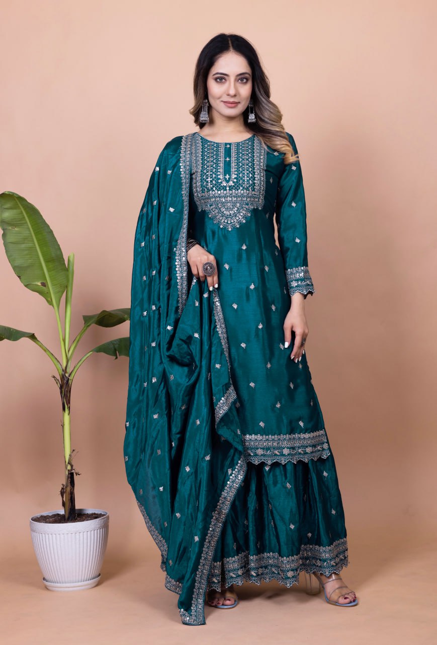Yash Enterprise Rama Green Chinon Silk Embroidery Party Wear Suit Set  Grab2Buy Yash Enterprise Grab2Buy