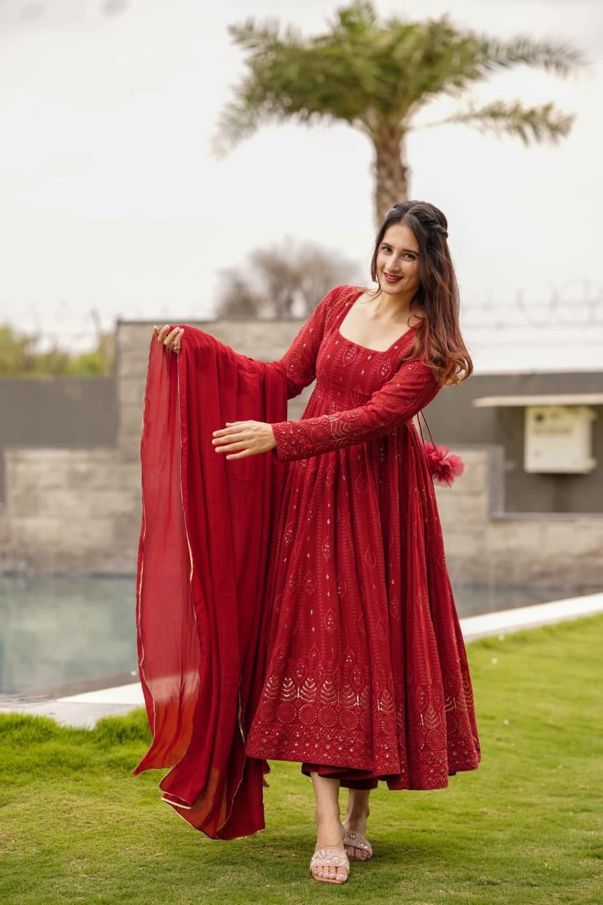 Yash Enterprise Marron Embroidered Georgette Suit Set  Grab2Buy Yash Enterprise Grab2Buy