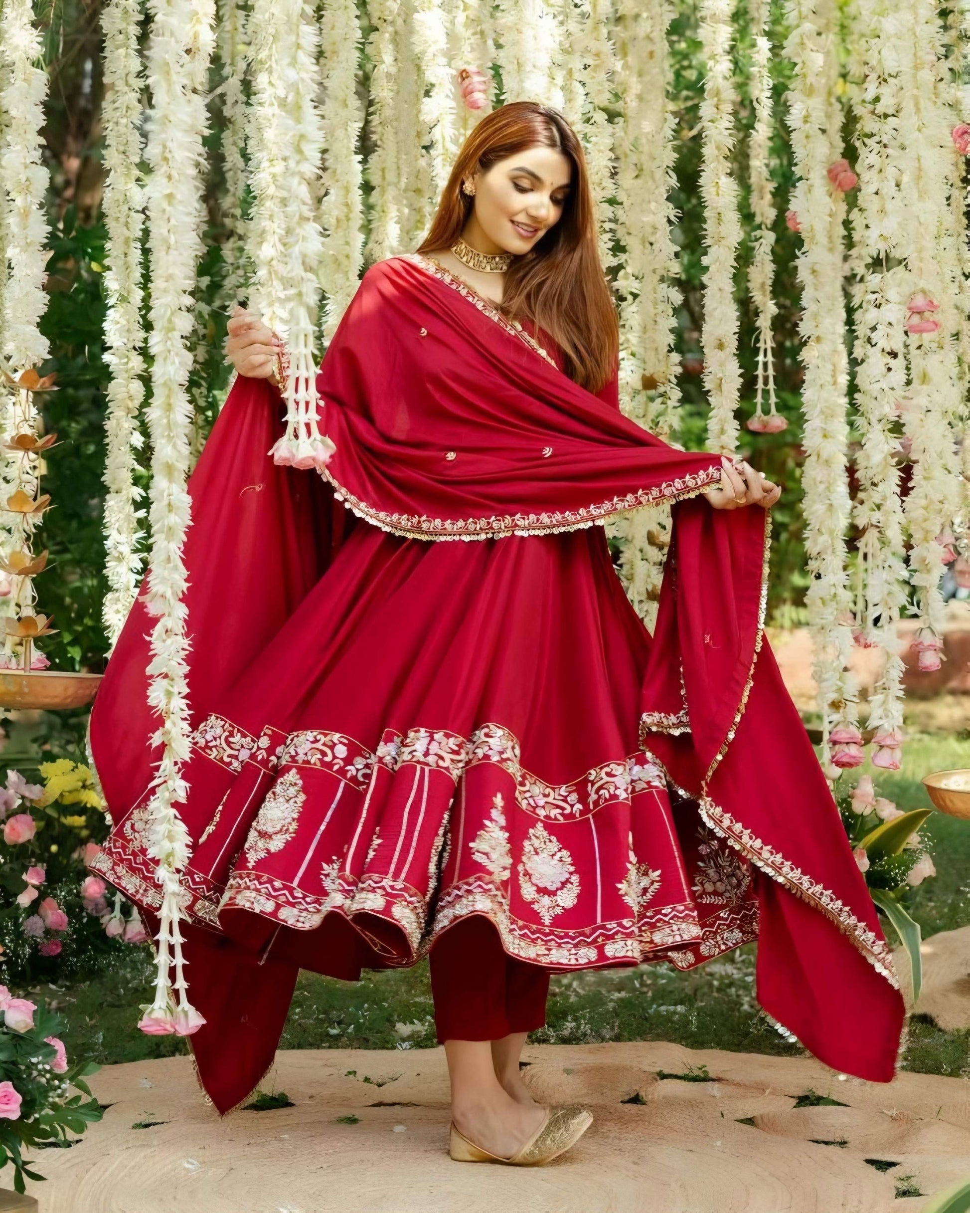 Yash Enterprise Red Roman Silk Embroidery Suit Set  Grab2Buy Yash Enterprise Grab2Buy
