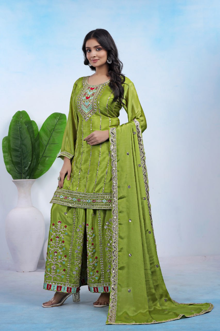 Yash Enterprise Green Chinon Silk Party Wear Embroidery Suit Set  Grab2Buy Yash Enterprise Grab2Buy