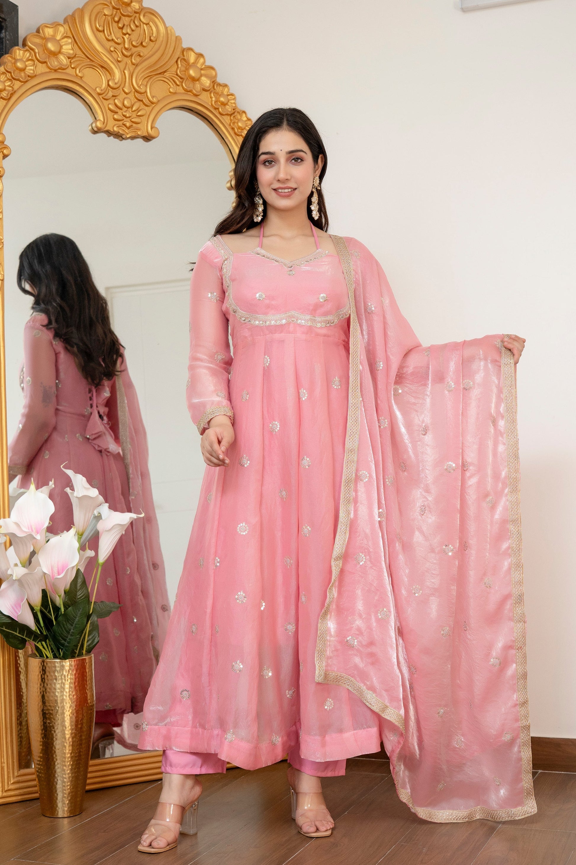 Yash Enterprise Peach Fandy Silk Party Wear Embroidery Suit Set  Grab2Buy Yash Enterprise Grab2Buy