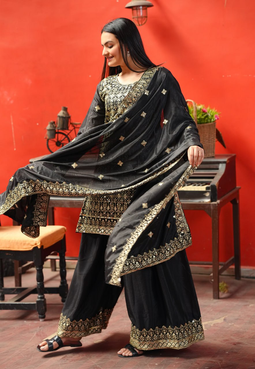 Yash Enterprise Black Chinon Silk Party Wear Embroidery Party Wear Suit Set  Grab2Buy Yash Enterprise Grab2Buy