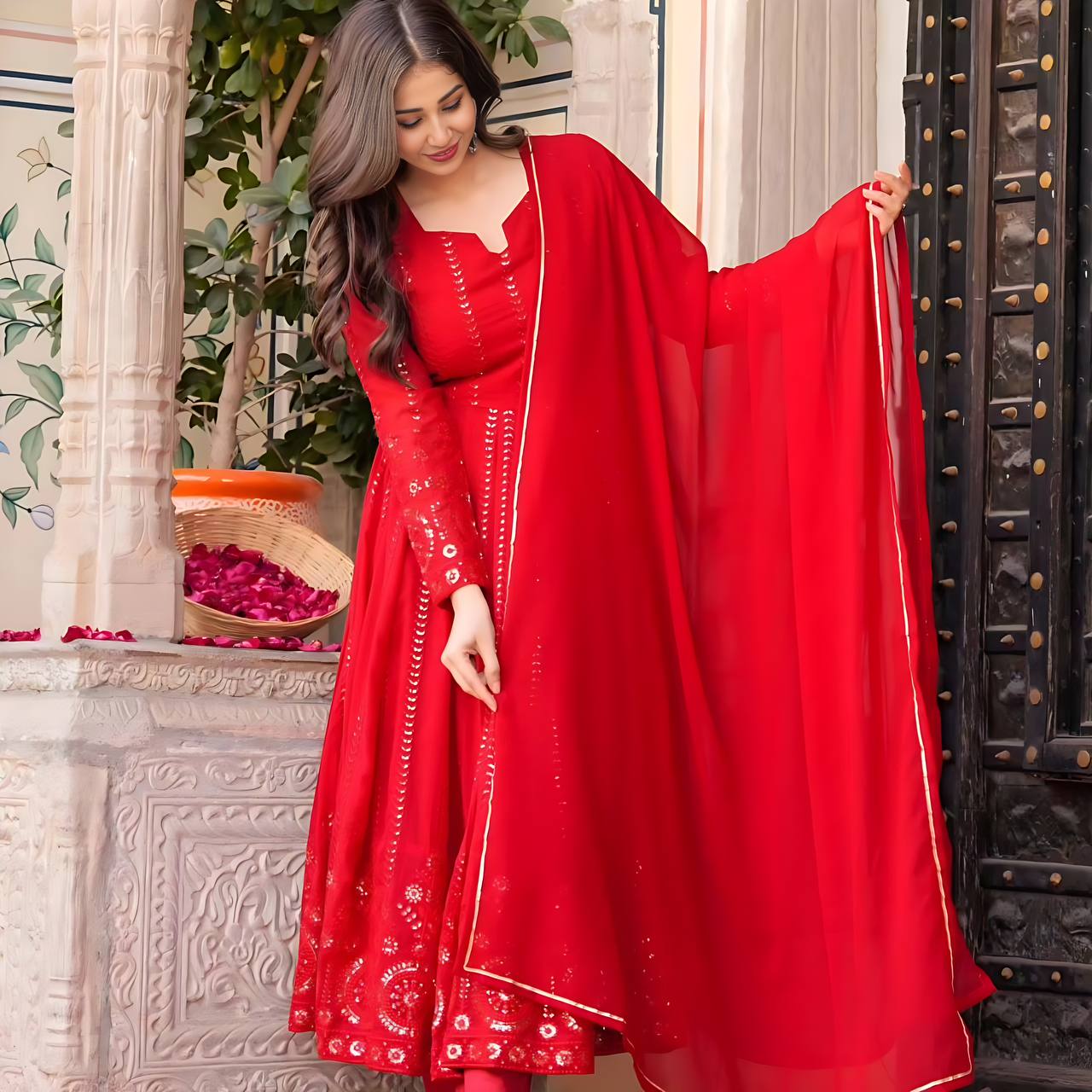 Yash Enterprise Red Faux Georgette Embroidery Work Party Wear Suit Set  Grab2Buy Yash Enterprise Grab2Buy