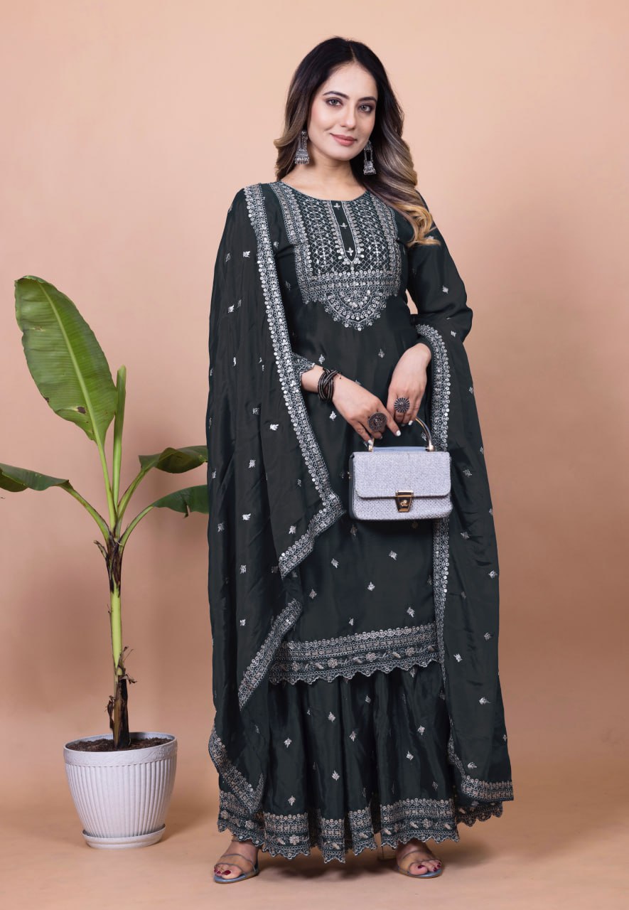 Yash Enterprise Black Chinon Silk Embroidery Party Wear Suit Set  Grab2Buy Yash Enterprise Grab2Buy