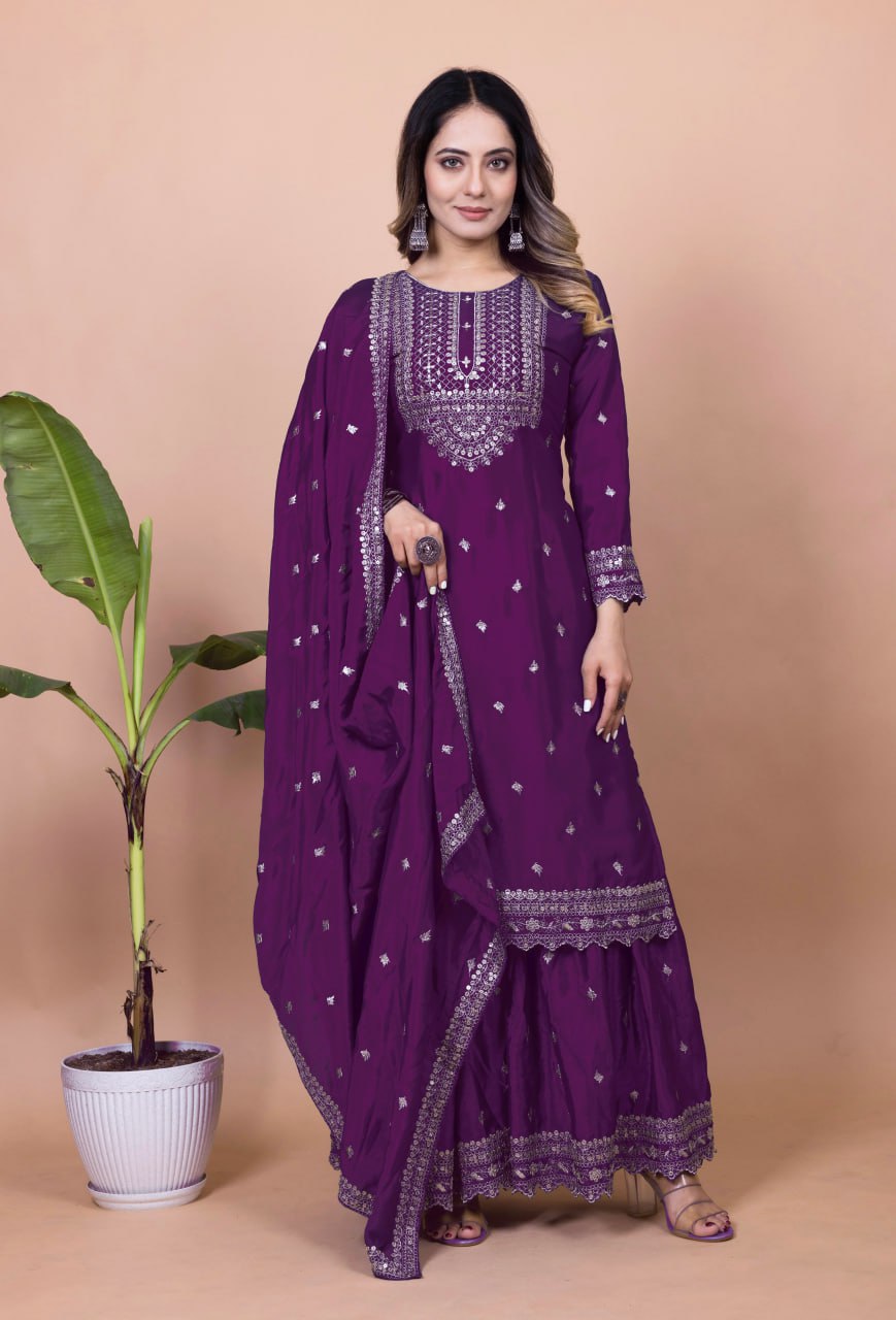 Yash Enterprise Purple Chinon Silk Embroidery Party Wear Suit Set  Grab2Buy Yash Enterprise Grab2Buy