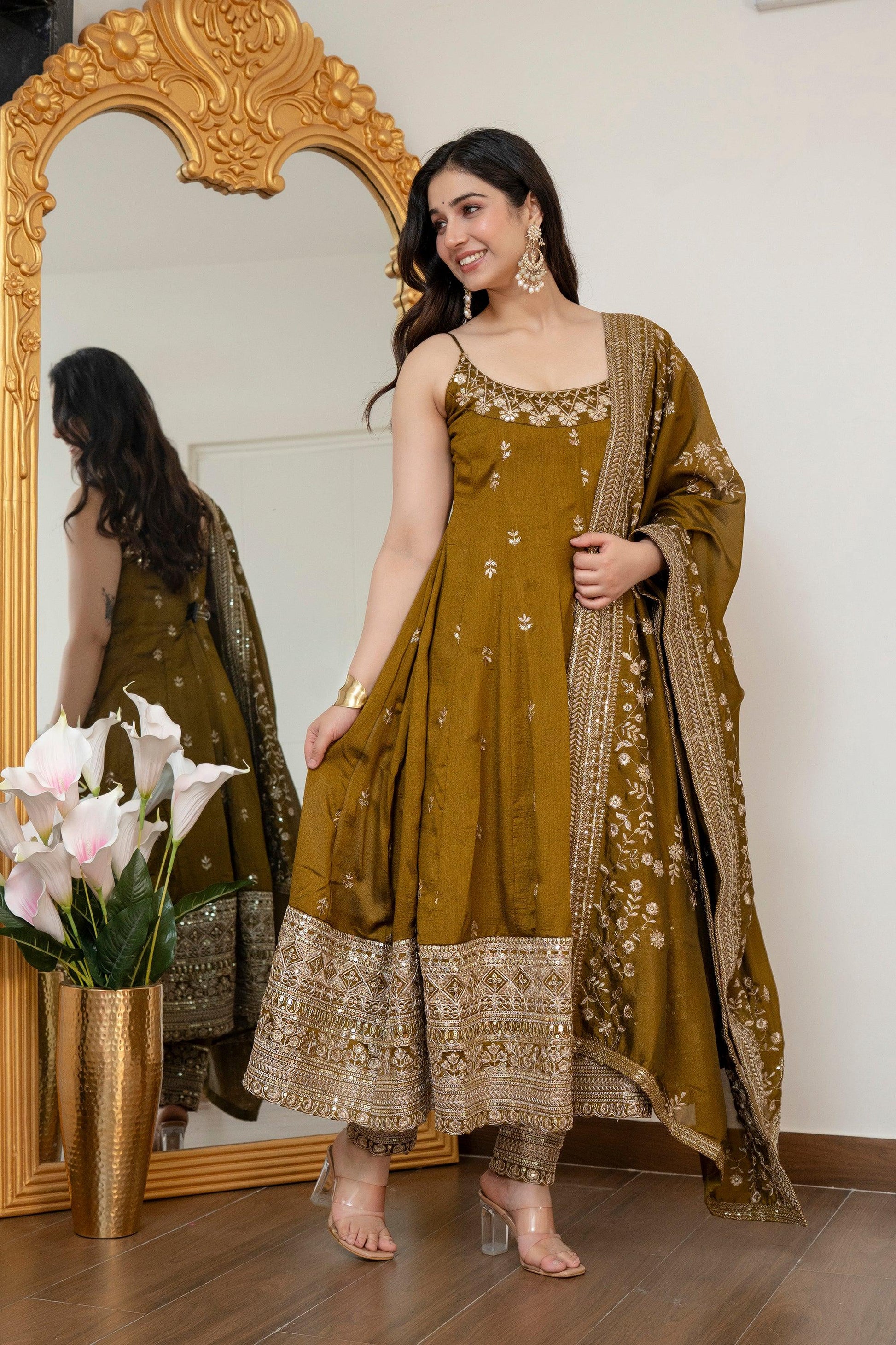 Yash Enterprise Mehndi Vichitra Silk Party Wear Embroidery Suit Set  Grab2Buy Yash Enterprise Grab2Buy