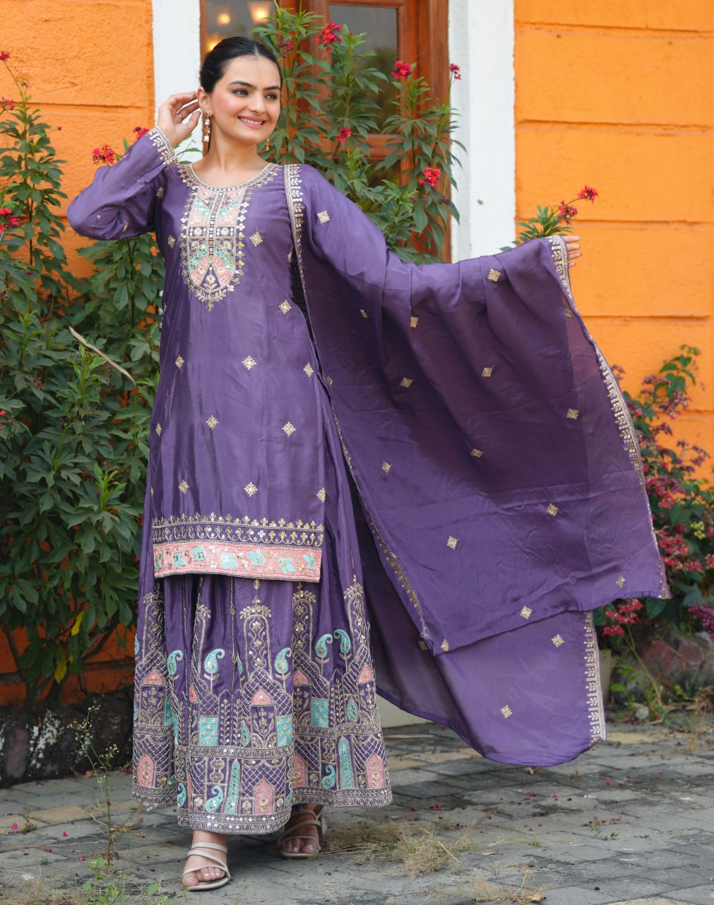 Yash Enterprise Purple Chinon Silk Party Wear Embroidery Suit Set  Grab2Buy Yash Enterprise Grab2Buy