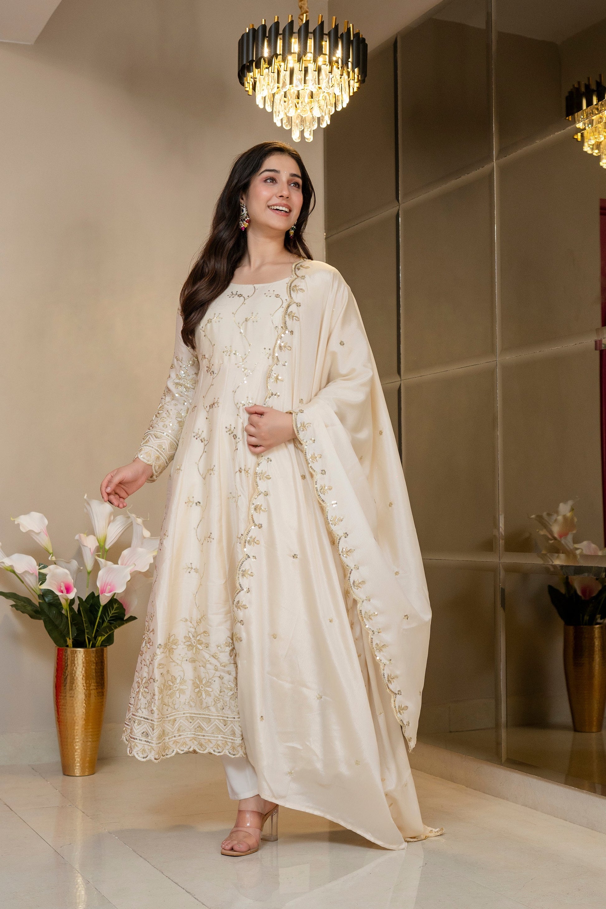 Yash Enterprise Cream Chinon Silk Party Wear Embroidery Suit Set  Grab2Buy Yash Enterprise Grab2Buy