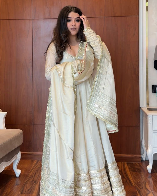 Yash Enterprise Of White Chinon Silk With Embroidery Zari Sequins-Work  Grab2Buy Yash Enterprise Grab2Buy