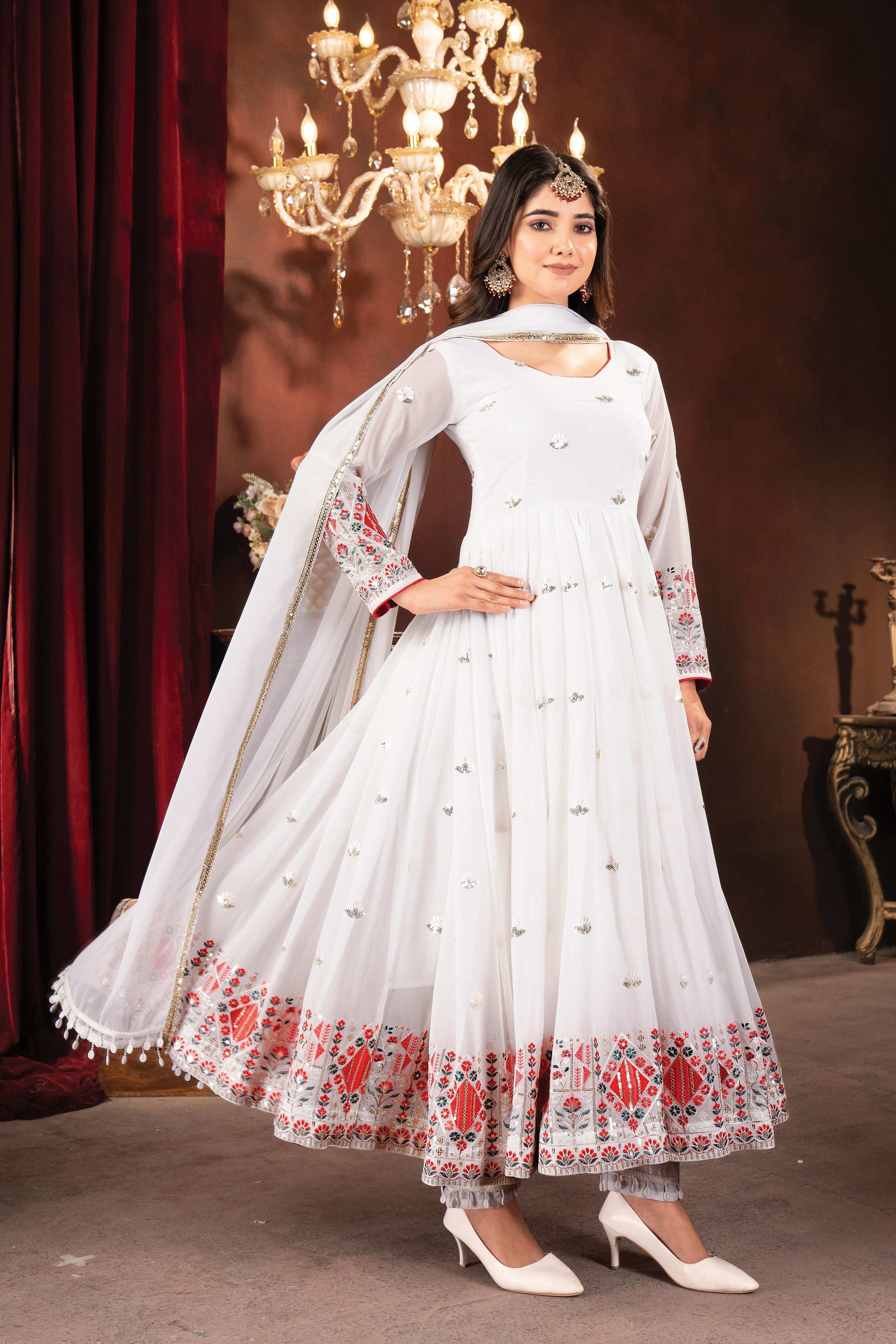 Yash Enterprise White Faux Blooming Embroidery Party Wear Suit Set  Grab2Buy Yash Enterprise Grab2Buy