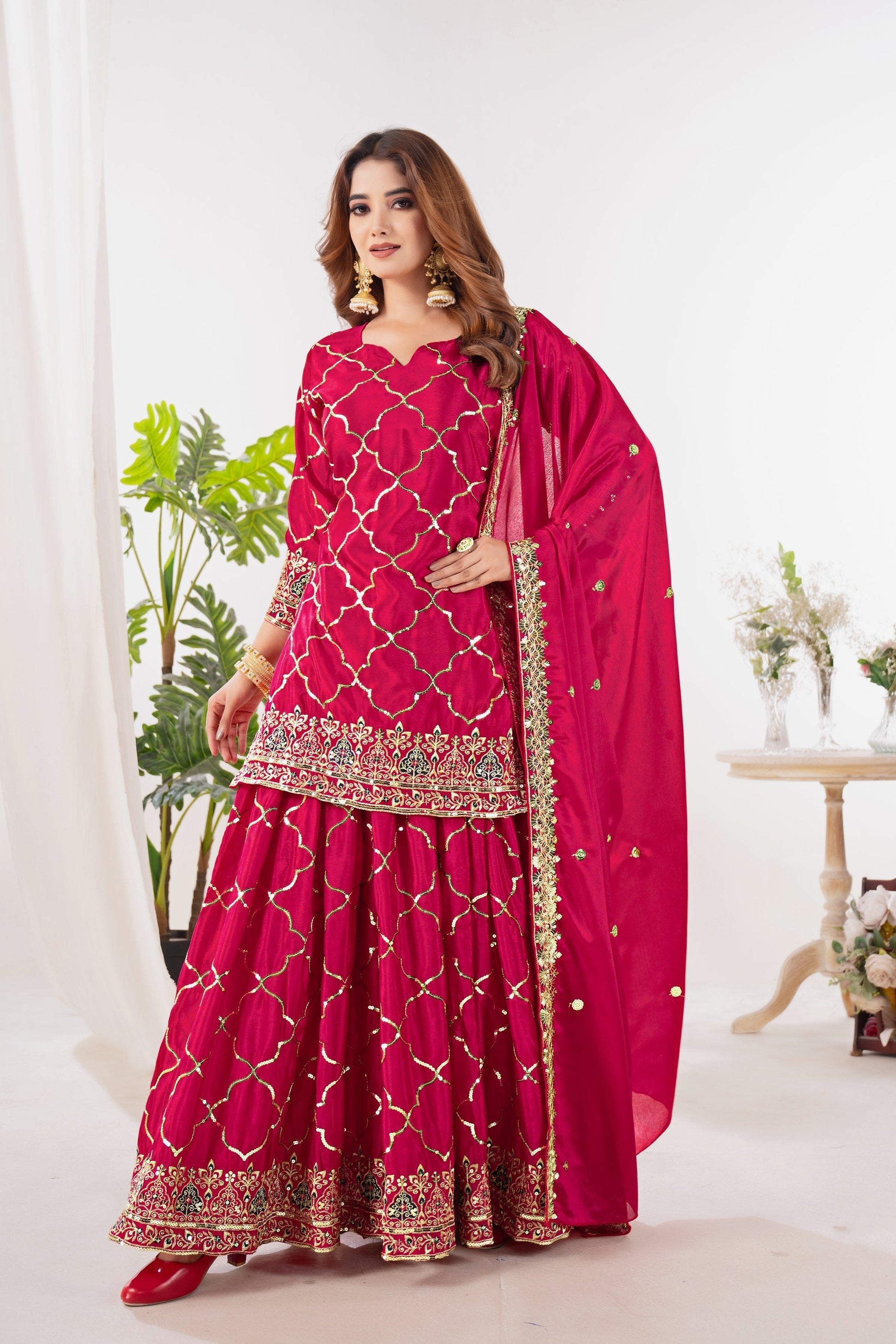 Yash Enterprise Red Chinnon Silk Embroidery Party Wear Suit Set  Grab2Buy Yash Enterprise Grab2Buy